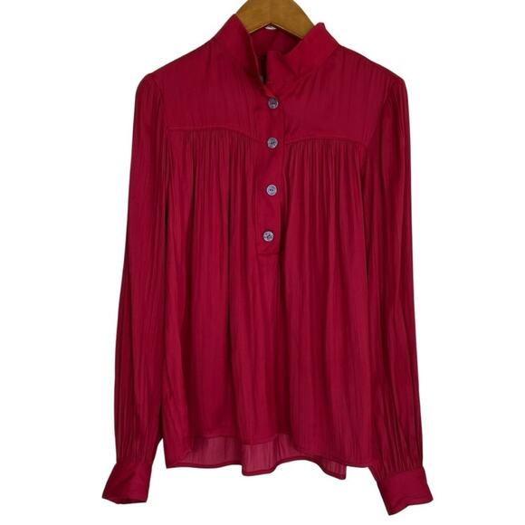 Anthropologie Relaxed Shimmer Blouse Red Satin Henley Button Front Popver Top XS - Picture 4 of 16